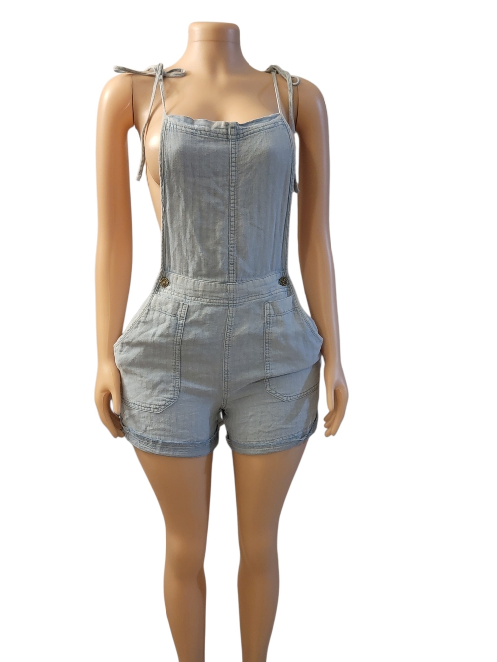 Free People Light Gray Denim Tie-Shoulder Short Overalls